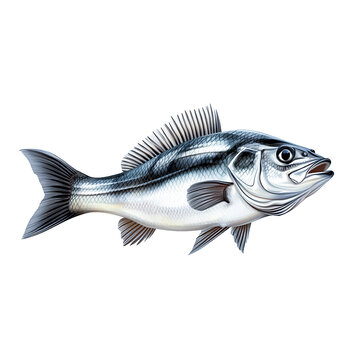 Fisch, frischer Streifenbarsch, freigestellt vor transparentem Hintergrund, Generative AI