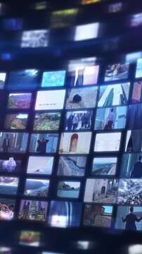 Digital screens displaying various media content on multiscreen wall