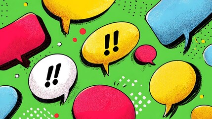 Colorful illustration of floating speech bubbles with exclamation points on a vibrant green background