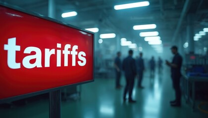 Red sign reads tariffs at industrial facility. Employees walking behind in blurred focus. Commerce concept with trade restrictions. Global trade, economic policy shown in photo. Import export taxes