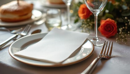 Elegant table setting with blank menu card on plate. Restaurant invitation template for dining event. Festive dishware, flower decor at banquet. Food catering, wedding, romantic date mockup