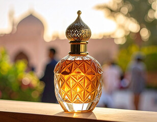 Exquisite Arabian perfume bottle with intricate golden cap glowing in warm sunset light