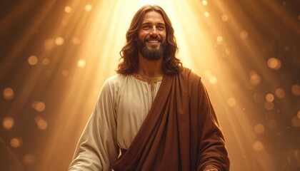 Fototapeta premium Jesus Christ smiles warmly with soft light rays. His gaze is kind, conveying peace, divine love. He wears simple robes, brown mantle draped over his shoulder. His expression offers comfort, hope.
