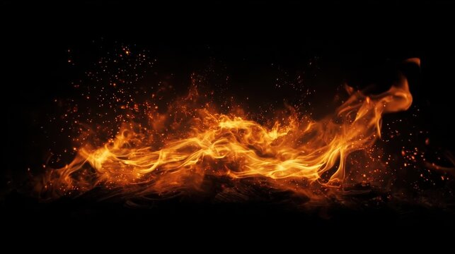 Fire flames against black background for passionate design, power theme, dramatic visual, background