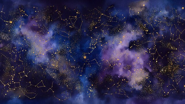 Mystical watercolor night sky reveals golden constellations a celestial map design