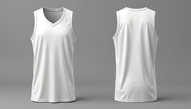 Illustration of blank white basketball jersey. Front and back view of sport shirt. Tank top isolated on gray background. Design template for team apparel mock up.