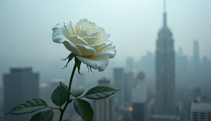 Single white rose bloom with water drops sits against blurred city skyline. Foggy morning view of urban buildings and tall skyscraper. Nature meets city life, peaceful serene mood.