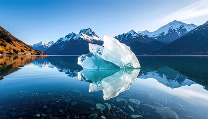 An Ice Fragment Floats in Clear Water Under a Clear Sky