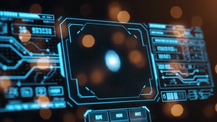 Futuristic digital interface displays a fingerprint scan and data, symbolizing security and technology. - Powered by Adobe