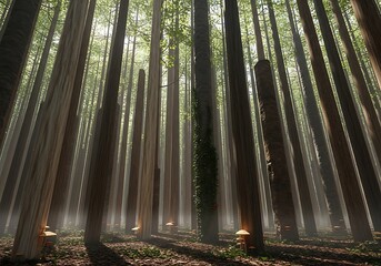 Tall trees in a misty forest with glowing mushrooms and sunbeams.
