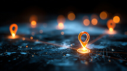 Glowing location pins connected on a digital map illustrating navigation, tracking and smart technology