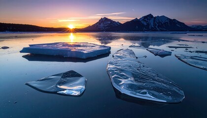 Seasonal Transition Shows Melting Ice Creating Shapes Under a Bright Morning Sun in a Mountain Area
