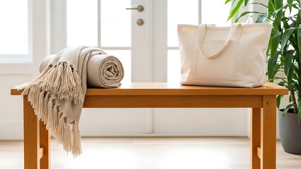 A serene indoor scene featuring a wooden bench with a rolled blanket and tote bag in a bright room with a plant.