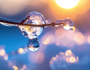Spring Drops and Ice on a Branch With Sunlight Reflecting on Water Droplets in the Background