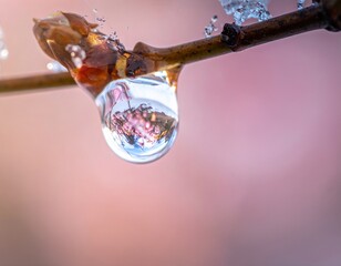 Spring Drops Form on a Branch With Ice Crystals in a Close View During the Seasonal Change