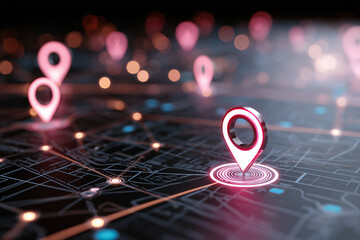 Glowing location pins connected on a digital map illustrating navigation, tracking and smart technology