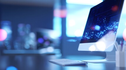 Futuristic workspace showcases digital innovation serene blue lighting inspires modern business concepts