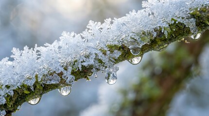 Spring Drops Form on Branches With Ice Crystals and Liquid Water in a Natural Setting