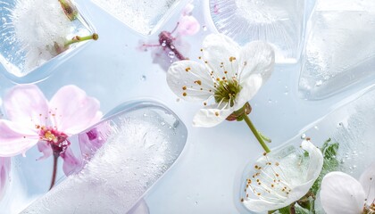 Spring Drops on Frozen Glass With Flowers and Ice in Close up View During Warm Spring Day