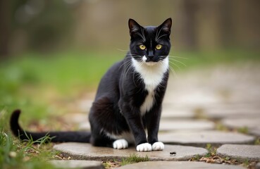 Fototapeta premium Black and white cat with yellow eyes sits on stone path. Small fly lands near feline on ground. Domestic pet looks alert, watches insect. Outdoors garden scene, grass background.