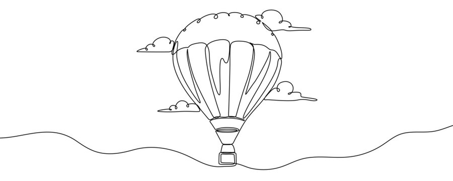 A hot air balloon with a basket in flight, surrounded by clouds, symbolizing travel, freedom, and flight. Drawing in one line art style with editable black stroke. Vector illustration.