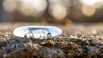 Thin Ice Layer Breaking Into Water Drops on Stone in a Spring Setting During Daylight