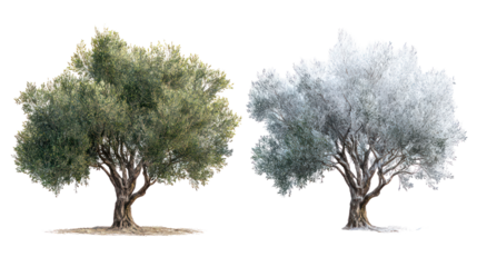 Two same olive trees side by side one representing summer with one winter on transparent background