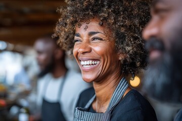 Fototapeta premium Smiling woman with curly hair in cafe