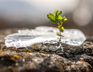 Spring Drops and Ice Breaking as Water Collects on a Rock With a Small Plant Growing