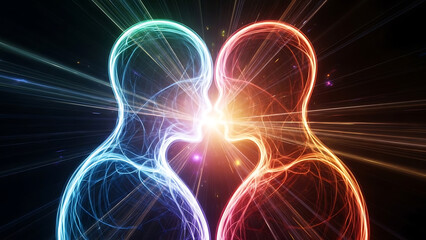 Vibrant glowing human silhouettes connect in dynamic energetic exchange