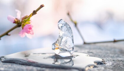 Spring Drops and Ice Breaking on Stone With Cherry Blossom in a Natural Setting