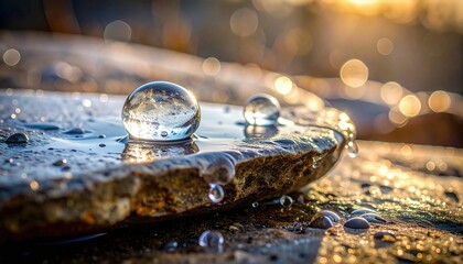 Spring Drops and Ice Break Apart on a Stone Surface During a Warm Afternoon