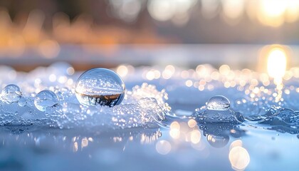 Spring Drops on Melting Ice Surface With Clear Water Drops in Macro View