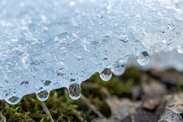 Melting Ice Forms Water Drops on Grass in a Spring Scene With Macro Perspective