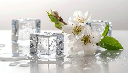 Spring Drops and Ice Create a Still Life With Water and Flowers in a Simple Arrangement