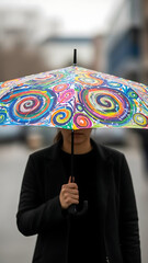 Woman holding colorful umbrella on a rainy city street