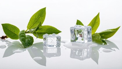 Clear Spring Drops Collect on Ice Cubes Among Fresh Green Leaves in a Minimal Still Life Setup