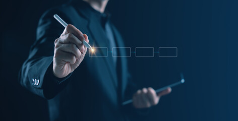 IT consultant explaining system workflow with digital flowchart while using tablet device. Concept of business process, software solution, corporate technology, and professional IT consulting.