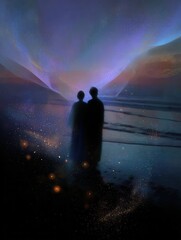 Fototapeta premium Couple silhouetted against cosmic over beach