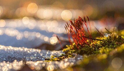 Spring Thaw Reveals Macro Textures of Moss and New Growth in a Natural Setting With Soft Light