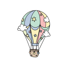 Pastel striped hot air balloon with clouds and stars isolated on a transparent background image