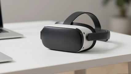 Virtual reality headset resting on a white desk, soft lighting, futuristic technology, clean background, product photography