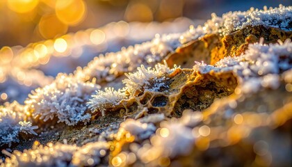 Melting Frost on Stone Reveals Porous Texture During Spring Thaw at Sunrise