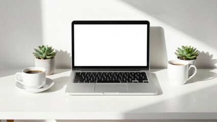 Minimalist home office desk setup, silver laptop with blank screen, coffee cup, succulent plant, white wall, natural sunlight