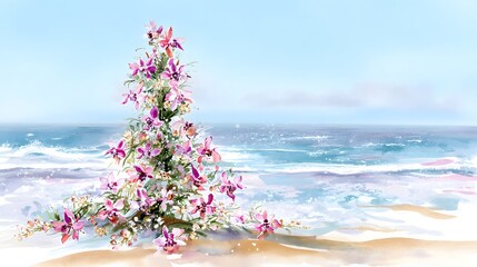 Festive orchid tree watercolor illustration evokes a serene tropical New Year beach scene