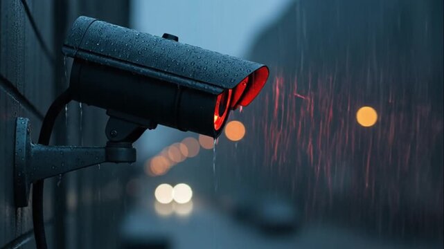 CCTV Security Camera Recording In Heavy Rain At Night Urban Surveillance