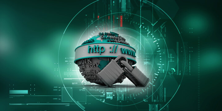 3d rendering https WWW sign on globe protected lock
