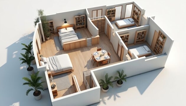 Modern apartment floor plan living spaces in cutaway view. Design features bedrooms dining zone, kitchen, bath with furniture. Interior neutral color scheme wood accents plants ideal property
