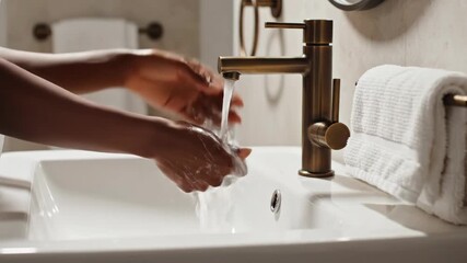 Person washing hands with soap under running water in a modern bathroom sink. Daily hygiene routine for fresh skin and wellness. Cleanliness and self-care concept