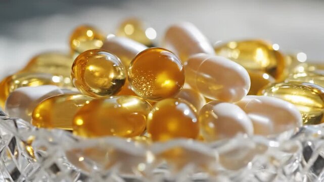 Close-up of golden Vitamin E and white supplement capsules in a glass bowl. Mixed vitamin pills including Omega 3 fish oil softgels and medication. Healthcare and nutrition concept
